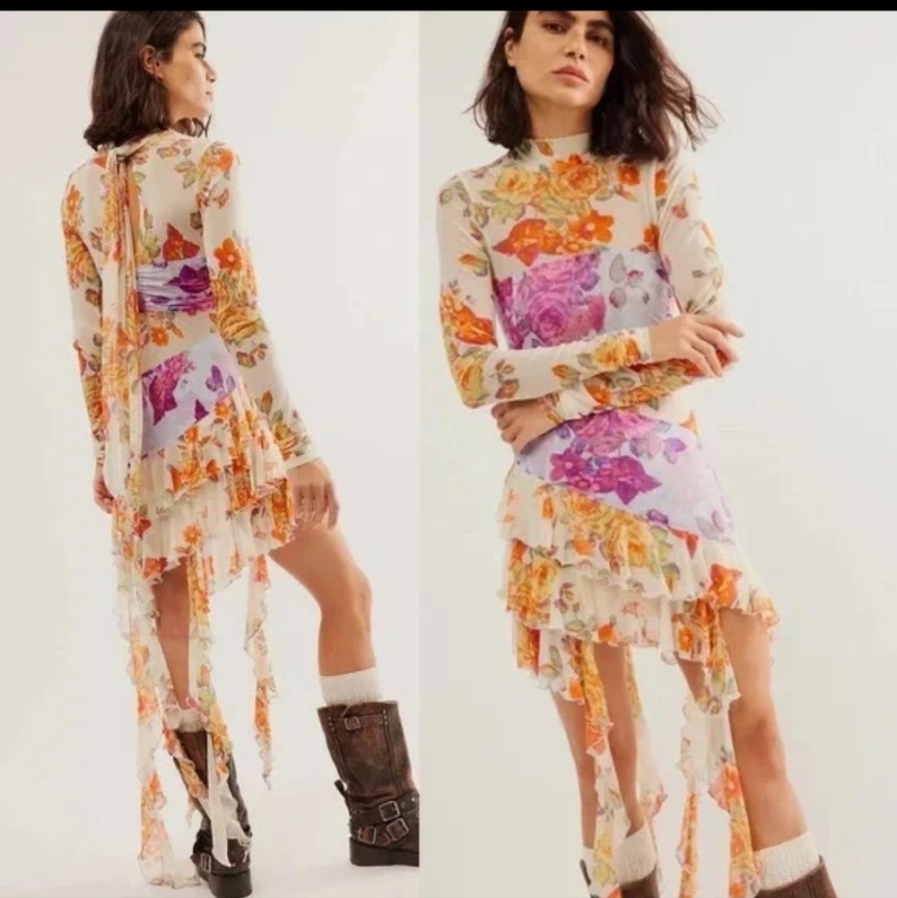 NWOT Free People Main Event Periwinkle Combo Floral Ruffle Top/Dress Sz M